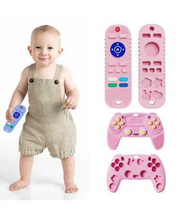 2-Pack Silicone Baby Teething Toys TV Remote Shape + Game Console Shape Soft Silicone Baby Chew Sensory Toys for Sucking Needs Suitable for 3-18 Months Babies(BPA Free) (Pink)