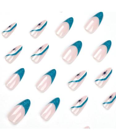 Justotry 24 Pcs Stiletto Press-On Nails - Glitter Blue French Almond Acrylic Fake Nails for Women - Buy Online on GoSupps.com