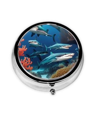 Submarine Shark Coralround Pill Box 3 Compartment Round Pill Box Organizer * Portable Travel Pill Box for Traveling.