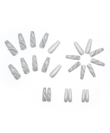Silver Marble Square Long Press on Nails with Glitters - Luxurious Coffin Design for Women and Girls | False Nail Art Decoration - Buy Online on GoSupps.com