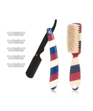 Professional Barber Straight Edge Razor and Barber Brush Set Include 5 Blades Straight Razor for Men Close Shaving & Hair Cutting (Red/White/Blue)