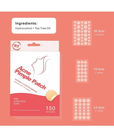 RY Patches Hydrocolloid Acne Patches with Tea Tree Oil - Invisible Spot Stickers for Zits & Blemishes (150 Pack) - 3 Sizes for Face & Skin - Buy Online on GoSupps.com