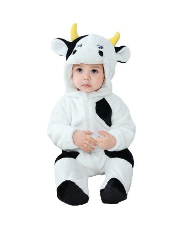 Doladola Baby's Hooded Onesies Cartoon Animal Romper Baby Loungewear Newborn Outfits Jumpsuit 12-18 Months Black and White Cow