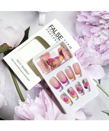 Colorful Flowers Medium Square Press on Nails - 24Pcs | Glossy False Acrylic Nails for Women and Girls - Buy Online on GoSupps.com