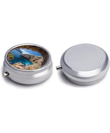 Round Pill Box with Mallorca Spain Print - 3 Compartment Metal Pill Organizer | Decorative & Portable Pocket Pill Case - Buy Online on GoSupps.com