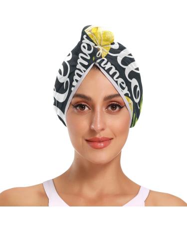 Hello Summer Lemon Black Hair Towel 2 Pack Super Absorbent Hair Drying Towel Quick Dry Hair Turbans Head Towel with Button Twisty Wrap for Women Girls