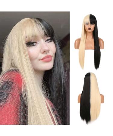 RONGDUOYI Half Black Half Blonde Wigs with Bangs 2 Color Silky Straight Synthetic Wigs for Women Girls Natural Looking Fashion Wig Cosplay Costume Party Wig,24inch 24 Inch 1B/613