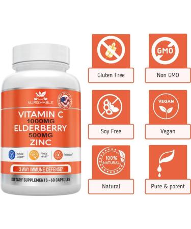 Elderberry with Zinc & Vitamin C Capsules - Immune Support & Antioxidant Protection - 1000mg Vitamin C, 50mg Zinc - Non-GMO, 60 Veggie Capsules - Buy Online on GoSupps.com