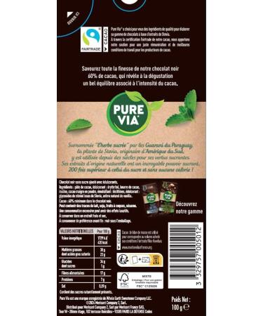 Pure Via Tablette Chocolat Noir la Stevia Sans sucre ajout quitable 100g - Buy Online on GoSupps.com