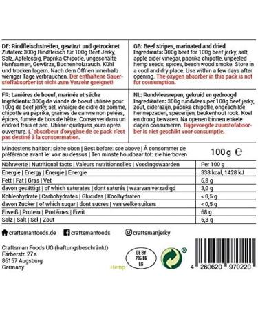  CRAFTSMAN FINEST FOODS Beef Jerky with Hemp | Made in Germany Bavaria | Pack of 5 x 100g 500g | 100% Natural | 100% Beef | High Protein 68% | Biltong Hemp Dried Meat with High Protein | Sugar Free - Buy Online on GoSupps.com