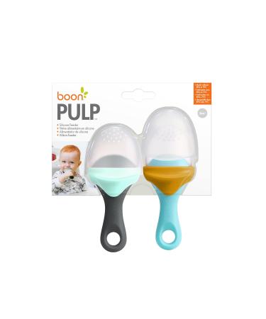 Boon PULP Silicone Baby Feeders 2 Pack Blue/Mustard & Gray/Mint | Soft Fruit & Vegetable Teether | Teething Essentials - Buy Online on GoSupps.com