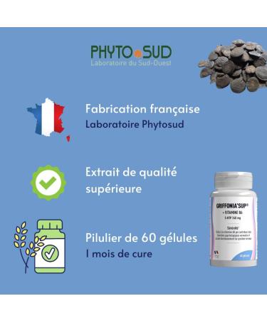 Phyto Sud Griffonia'Sup - 30% Titled Extract of Griffonia 5HTP (240 mg/day) with Vitamin B6 to Promote Serenity - 60 Capsules - 1 Month Cure - Made in France - Buy Online on GoSupps.com