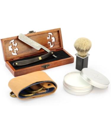 AP Donovan Luxury 7/8 Razor Set - Damascus Pattern - Sandalwood Shaving Brush & Strop - Premium International Shipping - Buy Online on GoSupps.com