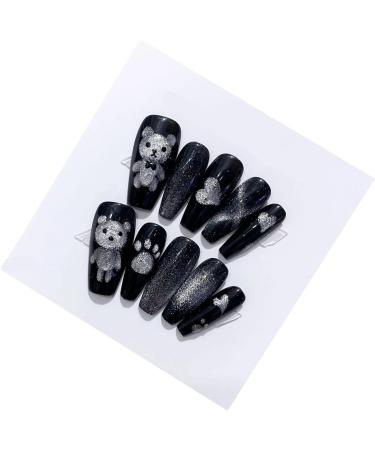 Black Cat and Bear Press-on Nails with Handmade and Detachable Design In Emmabeauty Store Wearing nails Nail enhancement (Color : L)