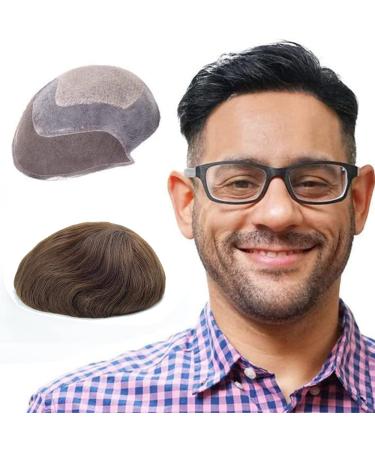 Lordhair knotless toupet for men skin injected just injected top front human hair system base size 8x10 inch light medium dense men hair part (medium dark brown 4#)