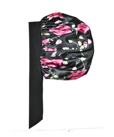 Satin Silk XL Hair Bonnet for Long Curly Hair - Black+Rose - Buy Online on GoSupps.com