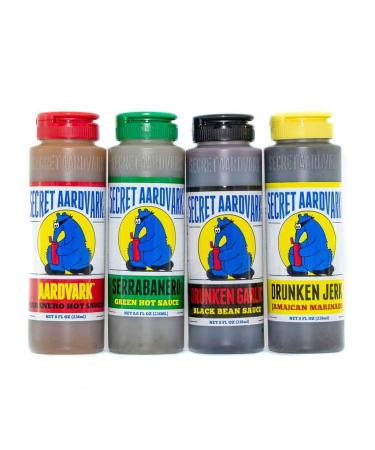 Secret Aardvark Variety Hot Sauce Sampler | Habanero Hot Sauce | Drunken Jerk Marinade | Drunken Garlic Black Bean | Serrabanero Green Sauce | Non-GMO, Low Carb | Awesome Sauce & Marinade 8 oz (4 Pack)