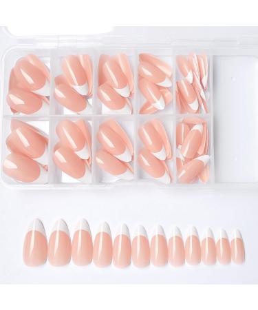 120Pcs White French Tip Press on Nails - Almond Shape Glossy Nude Full Cover False Nails with Adhesive Tabs for Women & Girls - Buy Online on GoSupps.com