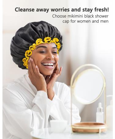 MikiMini Black Small Shower Cap for Kids - Waterproof Double Layer Bathing Hair Cap with Reusable PEVA Lining - Cute & Stretchy - Black+Yellow - Buy Online on GoSupps.com