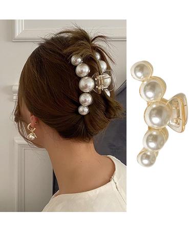 Large Pearl Hair Claw Clips Strong Hold Hair Jaw Clips Nonslip Champagne Color Claw Clips for Hair Daily Birthday Wedding Fashion Hair Clips Accessories for Women Thick/Thin Hair