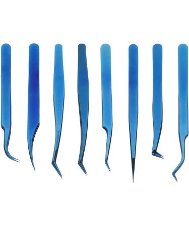 8-Piece Stainless Steel Eyelash Tweezers Set - Fine Tip Ergonomic Blue Titanium Eye Makeup Tools for Women - Portable & Durable - Buy Online on GoSupps.com