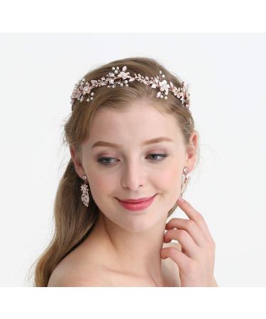 Ammei Rose Gold Wedding Headpiece with Pearls and Rhinestones - Flower Leaves Hair Vine - Buy Online on GoSupps.com