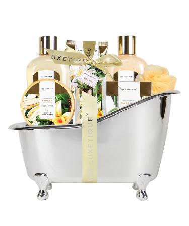 Spa Luxetique Spa Gift Set for Women Vanilla Fragrance Luxurious 8pc Gift Baskets for Women Cute Bath Tub Holder Gifts for Women - Birthday & Christmas Gift Set for Women Includes Shower Gel Bubble Bath Body Butter & More. Holiday Gift Idea Charming Vanil