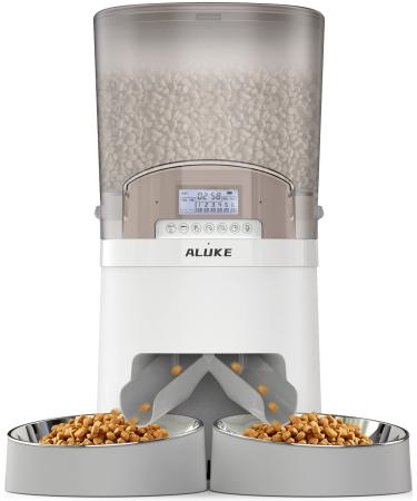 Automatic Cat Feeder for Two Cats, ALUKE 6.5L Dry Food Dispenser with Two Stainless Steel Bowls & Lock Lid, Pet Feeder Dual Power Supply, 10s Meal Call, Up to 50 Portions 6 Meals Per Day for Cat & Dog White/Gray