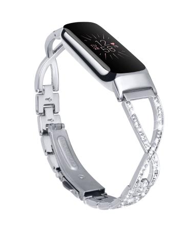 V-MORO Bracelets Compatible with Fitbit Luxe, Adjustable Jewelry Metal Stainless Steel Strap Wristband With Bling Stone Band Replacement for Fitbit Luxe Fitness and Wellness Tracker Women Men Silver