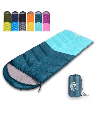Flantree Sleeping Bag 4 Seasons Adults & Kids for Camping Hiking Trips Warm Cool Weather,Lightweight and Waterproof with Compression Bag,Indoors Outdoors Activities Dark Green-Lake Blue