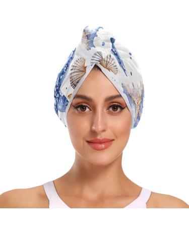 Colored Starfishes Shells Hair Towel 2 Pack Super Absorbent Hair Drying Towel Quick Dry Hair Turbans Head Towel with Button Twisty Wrap for Women Girls