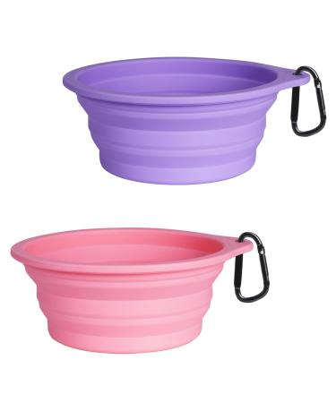 Petbonus dog bitches foldable dog bowl 2 pieces of silicone water bowl for dogs on the way portable leak -proof travel bobs with carabiners for dogs for water and feed (violet pink) 1000ml violet pink