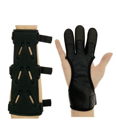 Gemilla Archery Gloves & Arm Guards, Leather Finger Arm Protector for Recurve Bow Compound Bow Longbow, Archery Accessories for Hunting & Targeting Arm Guard & Large Glove