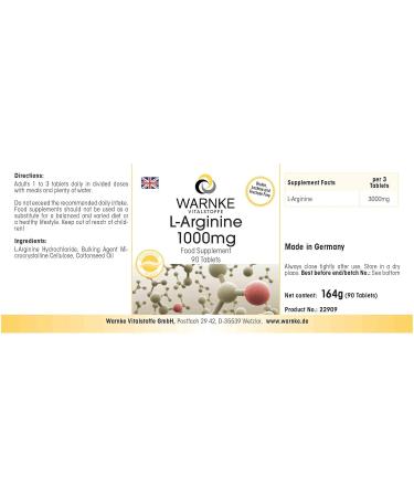 L-Arginine 1000mg Tablets | Magnesium Stearate Free | 90 Count | Warnke Vitalstoffe - Buy Online on GoSupps.com