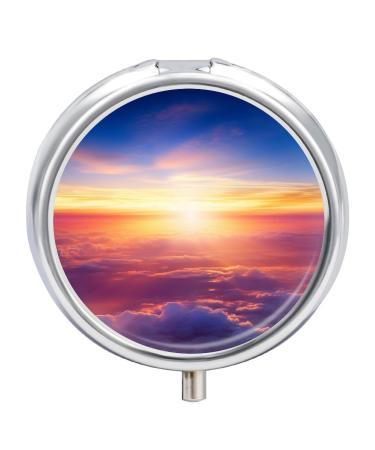 Pill Box Pill Case 3 Compartment Travel Pill Box Beautiful Sunrise Over Clouds Printing Small Pill Box Portable Medicine Pill Case Pill Organizer for Purse & Pocket for Travel Handbag (Round)