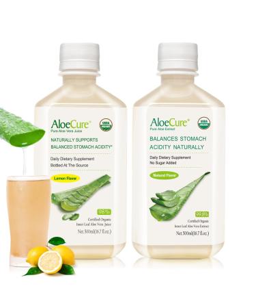 AloeCure Organic Aloe Vera Juice - 2 Bottle Sample Pack - Lemon Natural Flavor - 2x500ml