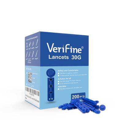 Verifine Lancets for Diabetes Blood Glucose Testing 30G 200 Count Diabetic Lancets for Less Pain Universal Sterile Needles Fit for Almost All Lancing Devices Disposable Blood Sugar Lancets 200 Pcs