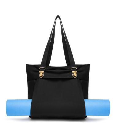KUAK Yoga Mat Bag with Adjustable Yoga Mat Carrier Pocket, Canvas Tote Bags, Carryall Shoulder Bag for Women Workout Pilates Office Workout Travel Gym Black