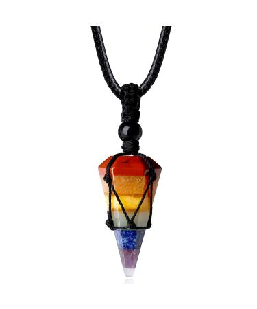 MAIBAOTA Natural Crystal Stone Pointed Necklace Adjustable Rope Healing Gemstone Quartz Jewelry for Men Women 7 Chakra