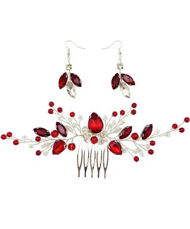 Wine Red Bridal Crystal Hair Comb and Earrings Set - Elegant Wedding Accessories for Women - Buy Online on GoSupps.com