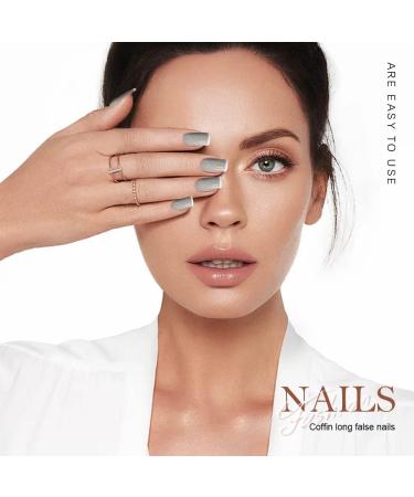 Vatocu Square Glossy Medium French Fake Nails - Grey Ballerina Press On Artificial Nails for Stunning Manicures - Buy Online on GoSupps.com