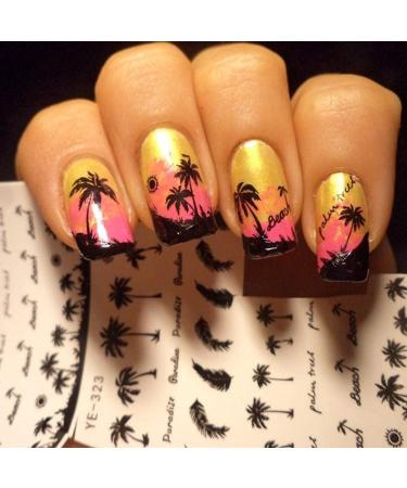 10pcs Nail Tropical Style Summer Palm Tree Design Nail Stickers Coconut Tree Water Transfer Paper Nail Decals Leaf Pattern Surf Beach Adhesive Holographic Plant Nails Art DIY Nail Decoration 10 Sheets Balck