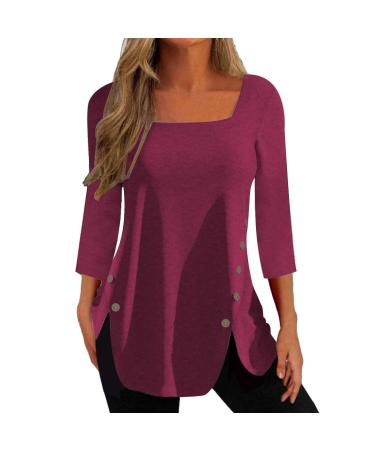 tsaChick Womens Sweatshirts UK Women's T-Shirts Side Button Tops Ladies Long Sleeve Square Neck Shirts Solid Fitted Pull On Black Hoodies Women S-XXL WYB47 Red 101 M