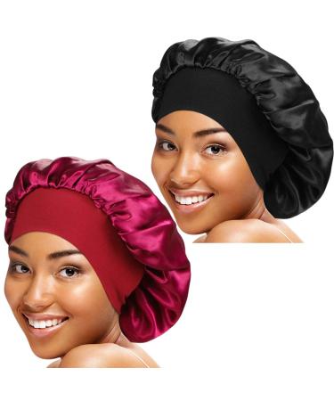 2 Pieces Wide Band Satin Cap Sleep Bonnet Soft Night Sleep Hat for Women One Size Black+Wine red