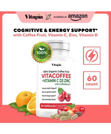 Vitapia Vitacoffee Caffeine Pills Coffee Fruit Vitamin C Vitamin D Zinc Gluconate Energy Memory Focus Skin Support 60 Capsules - Buy Online on GoSupps.com