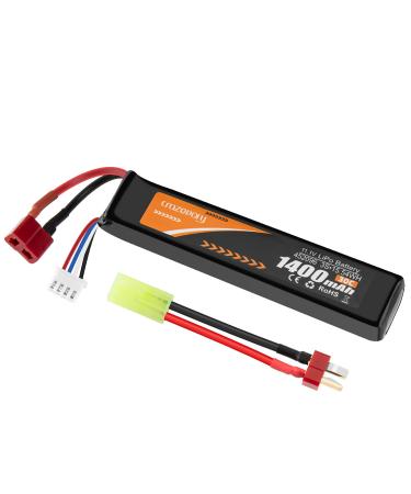 Crazepony Airsoft Battery 11.1V Rechargeable LiPo 1400mAh 30C Hobby Battery with T Plug to Mini Tamiya Cable for Airsoft Model