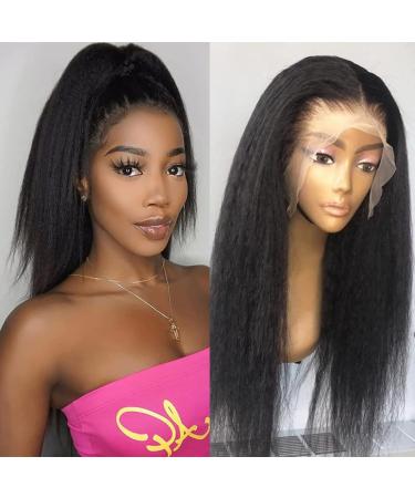 Eubeauty Short Straight Lace Front Wig Human Hair for Black Women Pre Plucked with Baby Hair 13X4 Yaki Kinky Straight Lace Frontal Wigs human hair Glueless 180% Density Natural Black 16 Inch 16 Inch Black