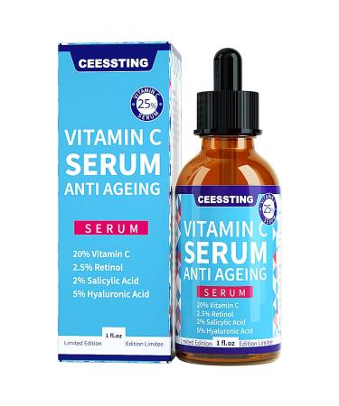 Ceessting Vitamin C Serum for Face - Anti-Aging Facial Serum with Hyaluronic Acid and Vitamin E - Improves Skin Texture  Glow and Elasticity - Reduces Wrinkles  Fine Lines and Dark Spots - 1 oz