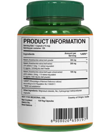 Buy Pure Nutrition Neem Capsules 700mg - Non-GMO 120 Days Supply Equivalent to 2600mg Neem Leaf & Bark Powder Once Daily International Shipping Available - Buy Online on GoSupps.com