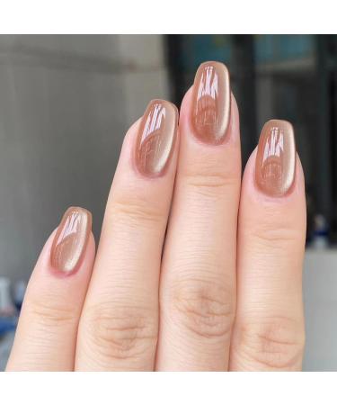 SINLOV Coffin False Nails Medium Length Nude Cat Eyes Nude Fake French Nails Press Shiny on False Nails for Women and Girls
